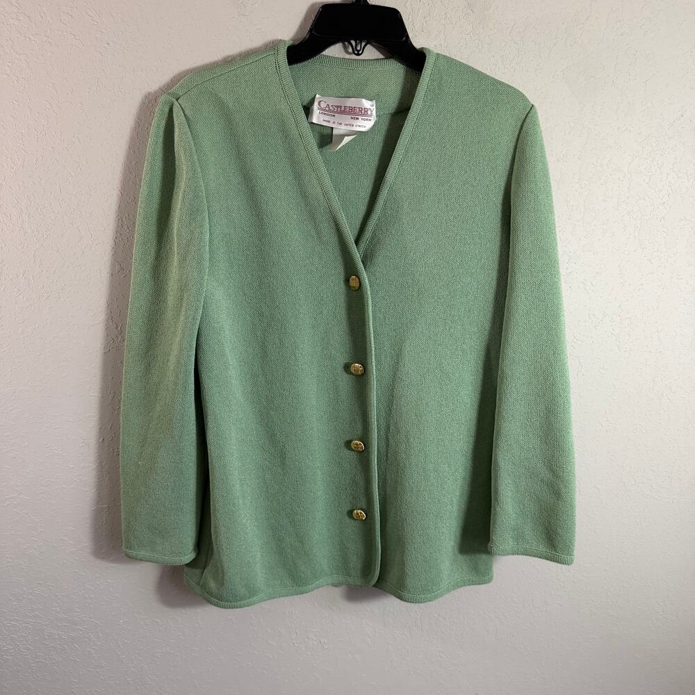 Vintage Castleberry London New York Pale Green Knot Cardigan Women 10 Grandma
